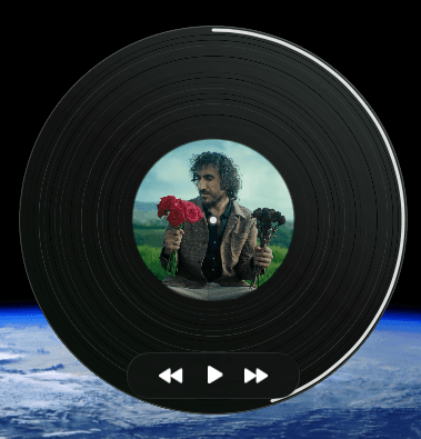 Dhun's floating album-art square on a macOS desktop, with its hover control pill visible underneath.