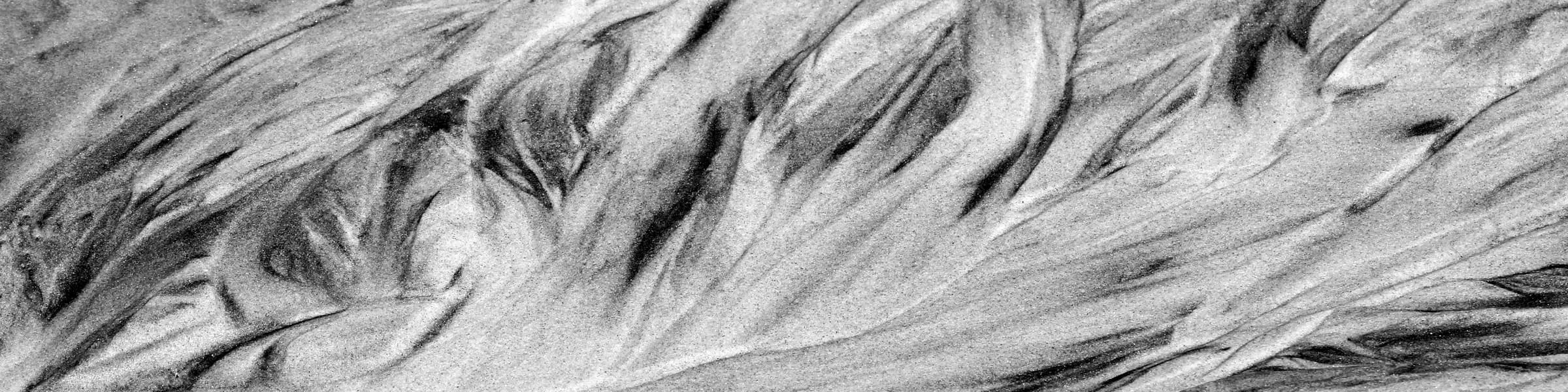 Fine sediment on a tidal flat, dark and light grains sorted into overlapping fans by running water.