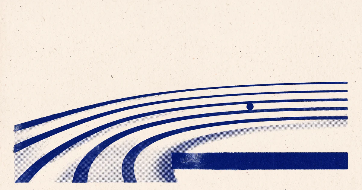 Blue bands sweep across the page and bend together; a dot rides one band while another ends against a solid slab.