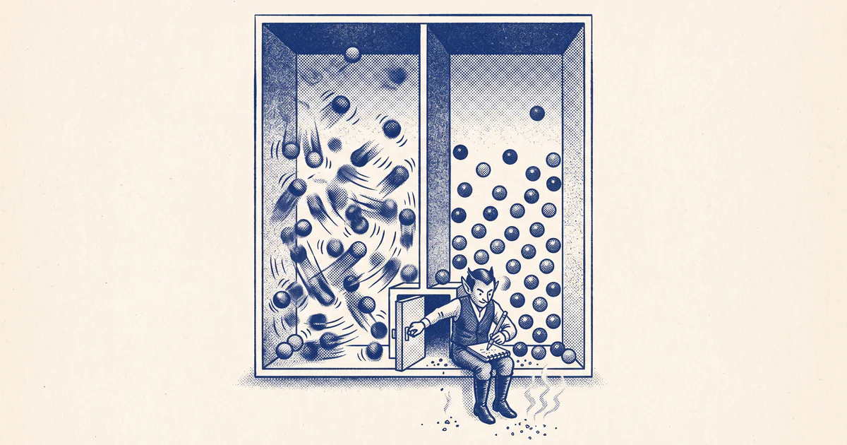 A tiny doorman at a trapdoor between two chambers of beads erases his notebook as warm wisps rise from the eraser crumbs.