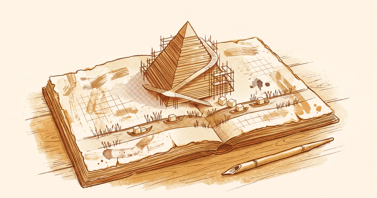 A half-built pop-up paper pyramid rises from an open papyrus logbook, with tiny boats carrying blocks along a reed canal across its pages.