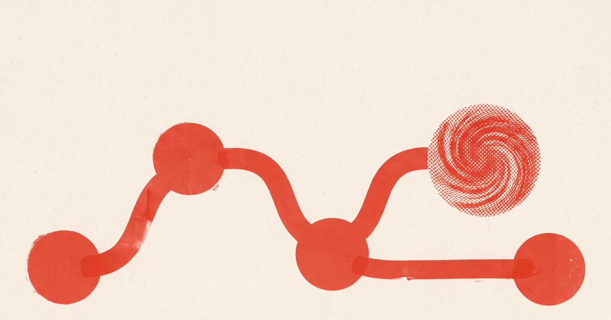 Red circles joined by thick curving bands like a transit map; one circle holds a tight halftone swirl that stops at its edge.