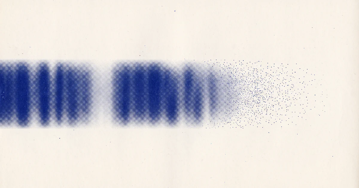 Soft blue interference fringes in halftone that break apart into a loose scatter of dots towards the right.