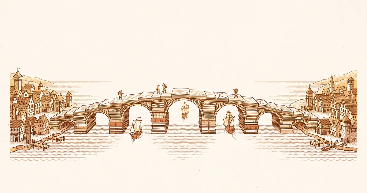 A long bridge of stacked paper, letters and ledgers arches across a calm sea between two harbour towns as small merchants cross it.