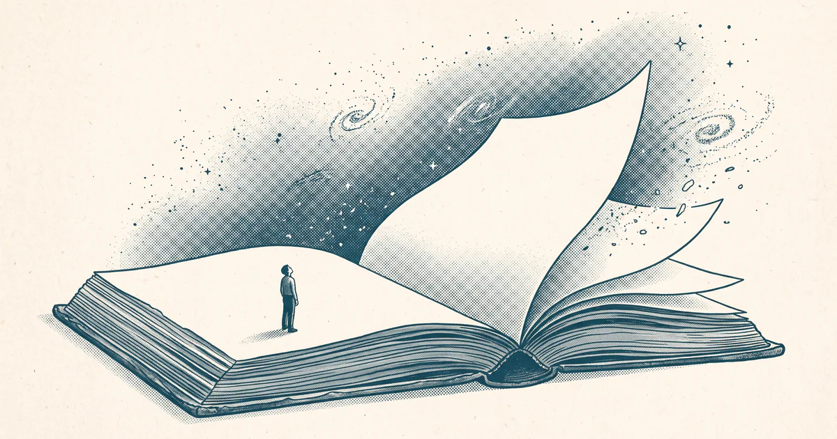 A tiny figure stands on a vast open book, gazing up as its blank final pages lift and dissolve into stars.